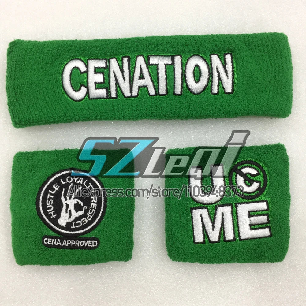 Un juego de dos pulseras deportivas de algodón verdes con texto blanco que dice CENATION y US ME