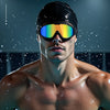 A male swimmer wearing cool electroplated swimming goggles in the water.