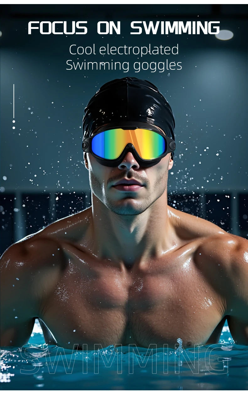 A male swimmer wearing cool electroplated swimming goggles in the water.