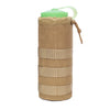 Tan tactical MOLLE water bottle pouch with a green cap and carrying strap