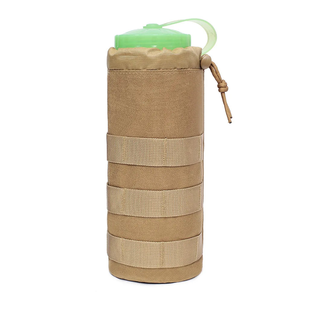 Tan tactical MOLLE water bottle pouch with a green cap and carrying strap