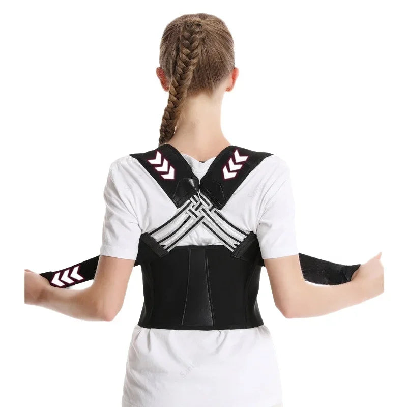 A woman models an adjustable posture back brace support with black and white accents.