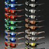 A vertical display of vintage pattern sunglasses in various colors and styles.