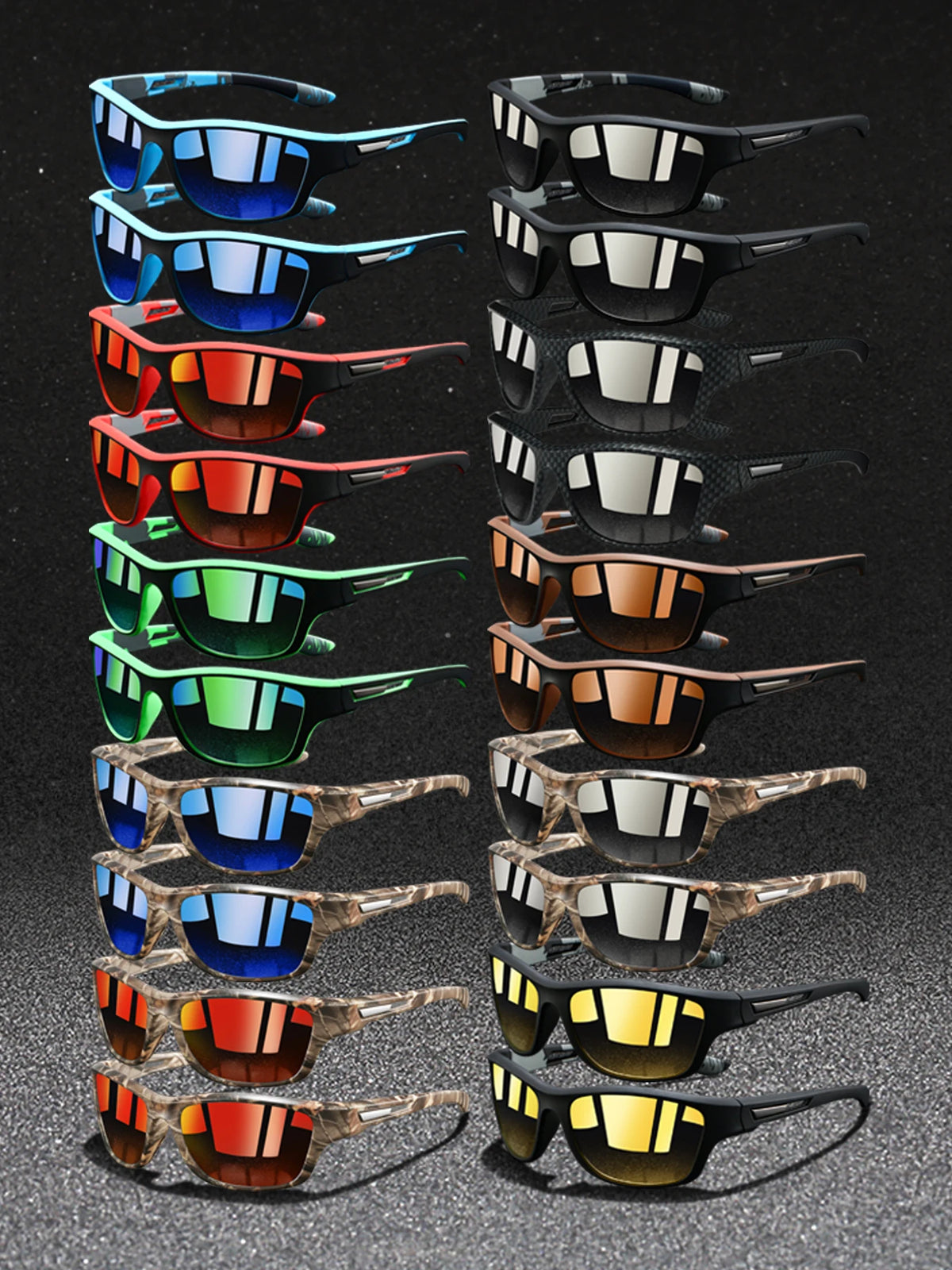 A vertical display of vintage pattern sunglasses in various colors and styles.