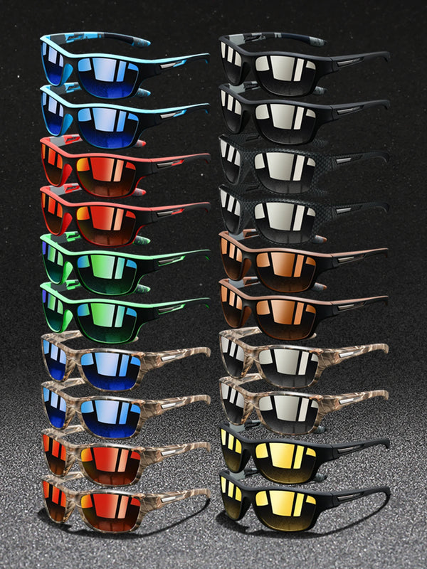 A vertical display of vintage pattern sunglasses in various colors and styles.