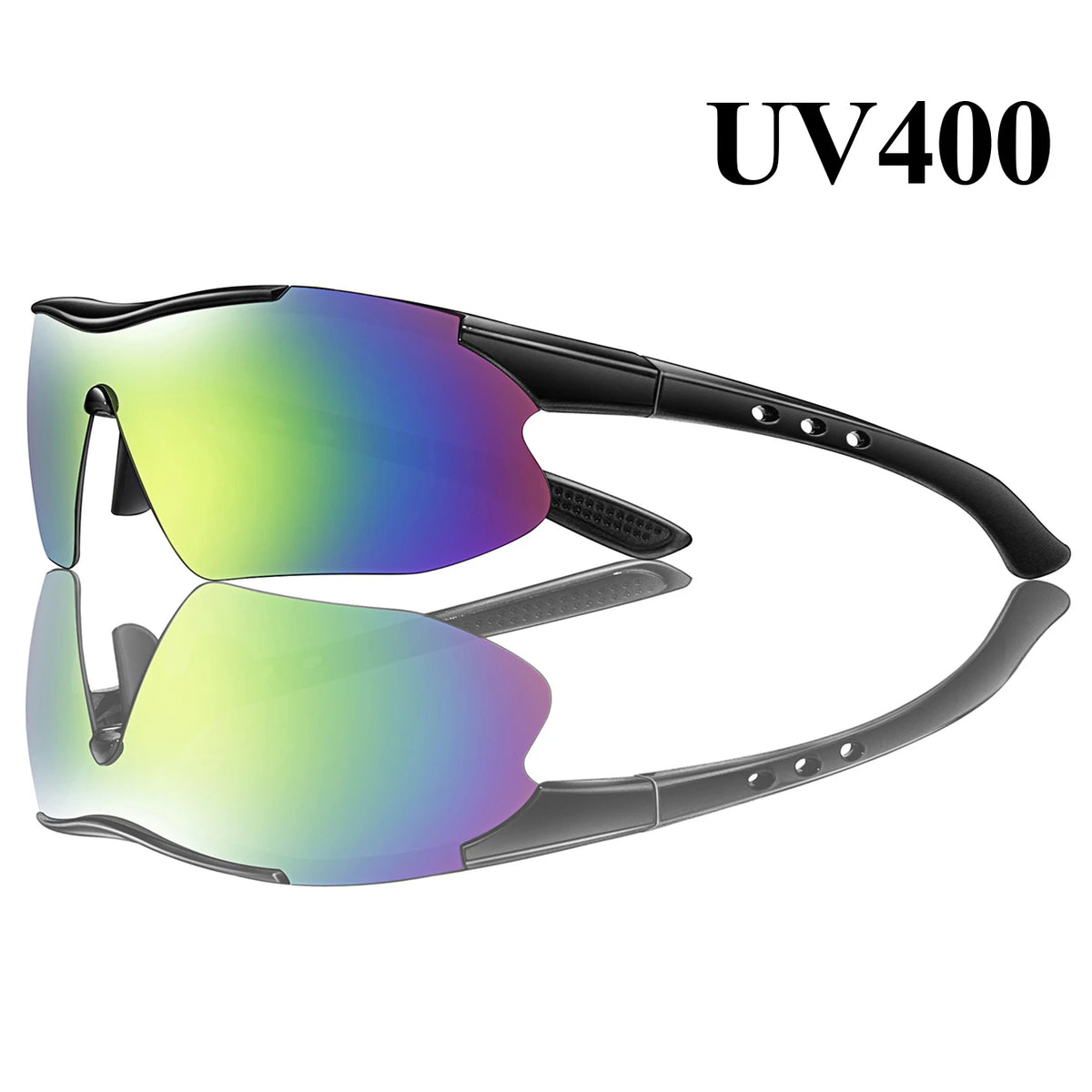 Lunettes de soleil sportives avec lentille multicolore et monture noire.