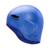 A bright blue silicone swimming cap shown from the side.