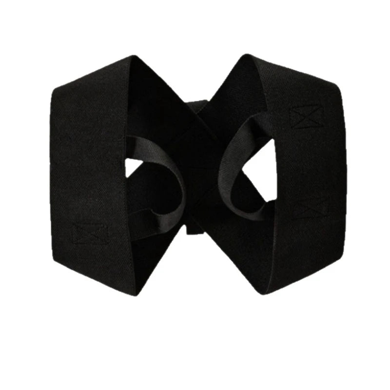 Black elastic yoga and fitness support belt shown flat