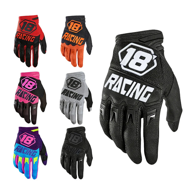 A collection of full finger cycling gloves in various colors including red, orange, pink, and purple.