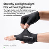 A hand wearing a black stretchy and lightweight fit glove for comfort and breathability.