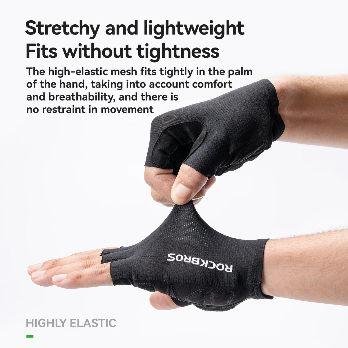 A hand wearing a black stretchy and lightweight fit glove for comfort and breathability.