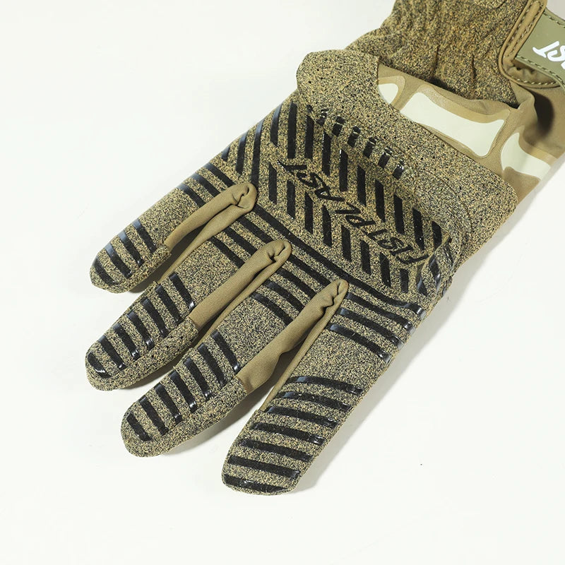 A pair of glow-in-the-dark tactical finger gloves with black and yellow striped patterns.