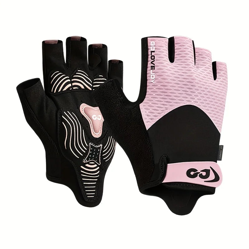 A pair of black and pink breathable half finger cycling gloves shown against a white background.