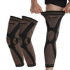 A person is wearing black copper ion infused knee compression sleeves on their legs.