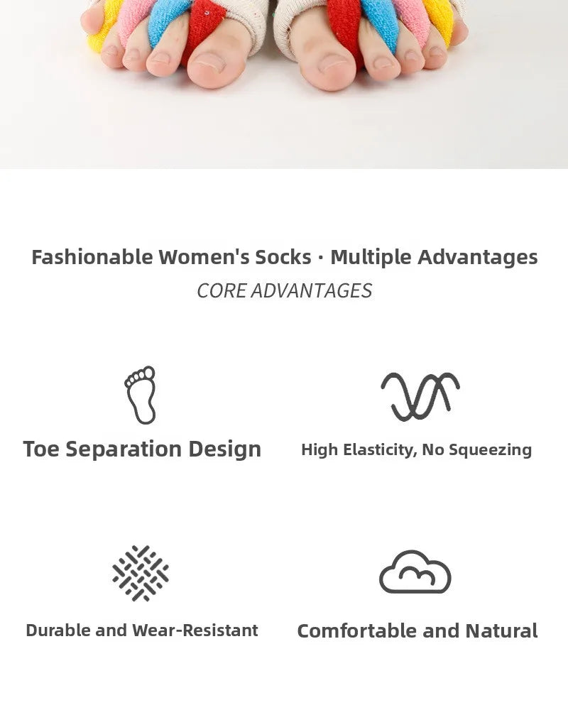 A pair of colorful five-finger yoga socks with toe separation design and high elasticity