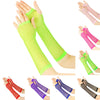 A variety of mesh fingerless gloves in neon green, pink, and black are displayed on hands.
