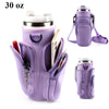A purple versatile water bottle carrier bag holding a tumbler and a smartphone.