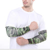 A man wearing a white shirt and camouflage green cooling arm sleeves on his right arm.