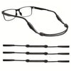 A pair of black adjustable eyeglass straps shown in various lengths.