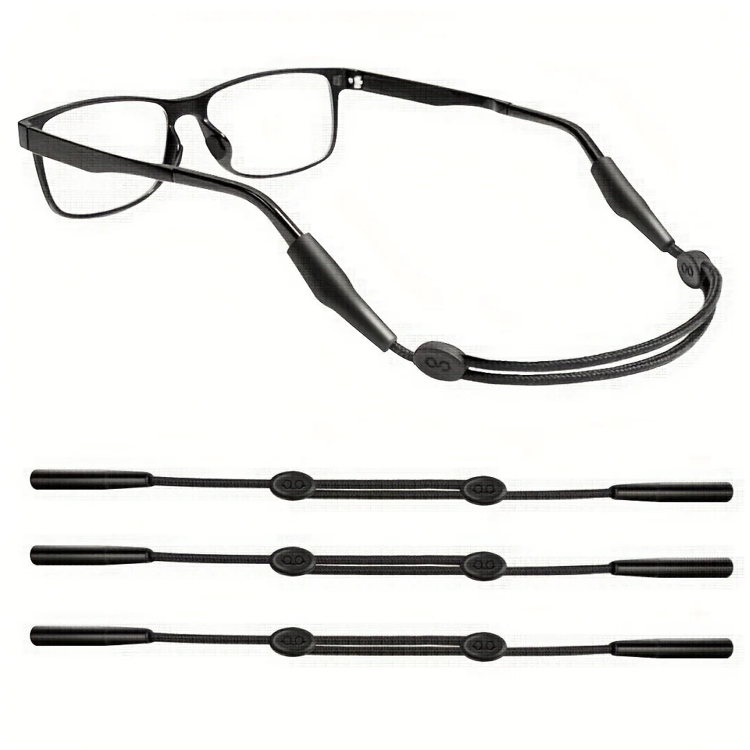A pair of black adjustable eyeglass straps shown in various lengths.