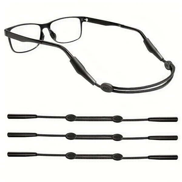 A pair of black adjustable eyeglass straps shown in various lengths.