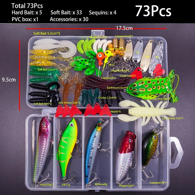 A clear plastic box containing 73 fishing lures including soft baits, spoons, and crankbaits.