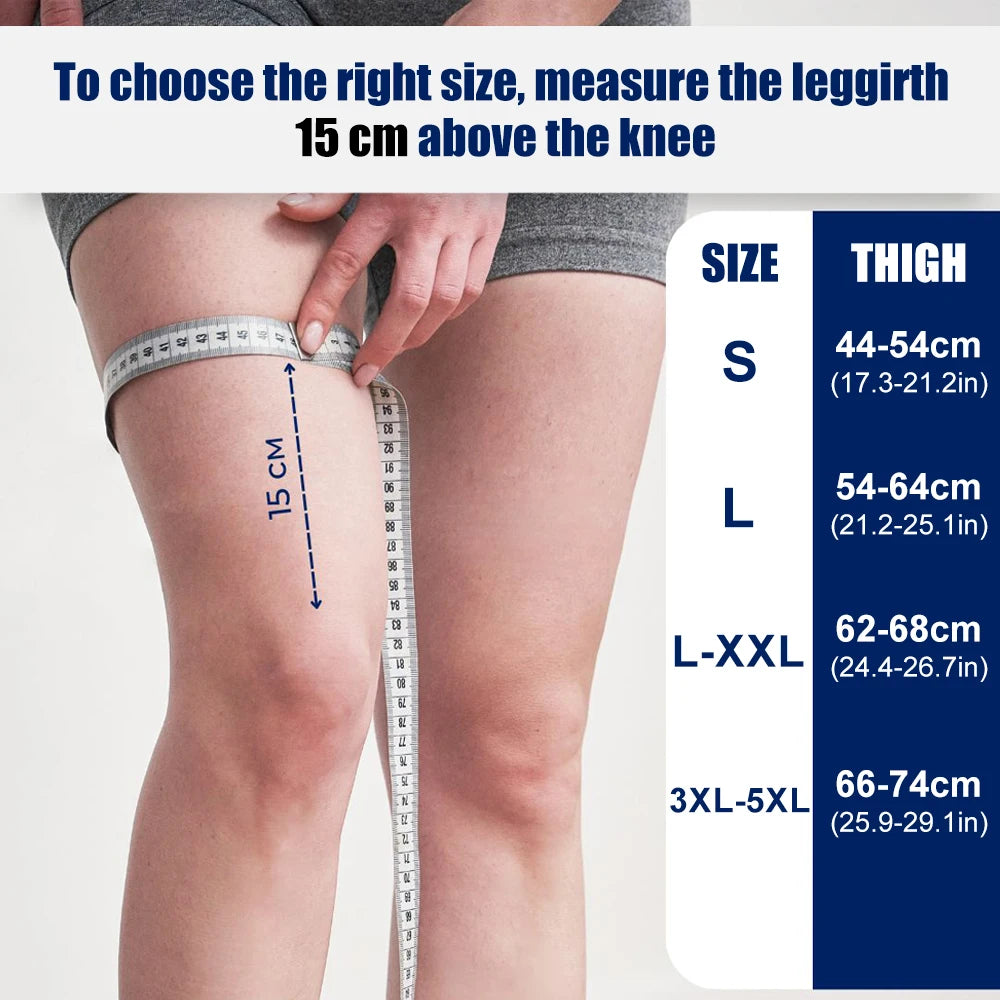 Instrucciones muestran cómo medir la circunferencia de la pierna 15 cm por encima de la rodilla para elegir la talla correcta