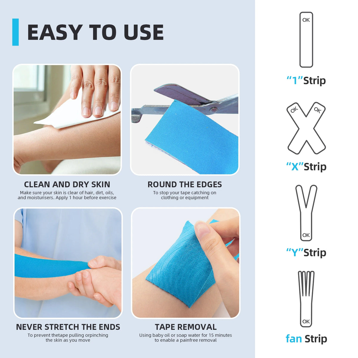 A set of kinesiology tape strips including strip, X strip, Y strip, and fan strip shown with application instructions.