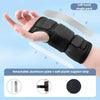 A hand is wearing a black adjustable wrist brace with a detachable aluminum plate and soft plastic support strip.