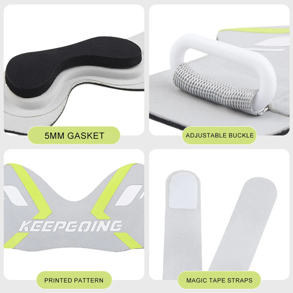 Various components of an adjustable patellar tendon support knee strap including a gasket, buckle, printed pattern, and magic