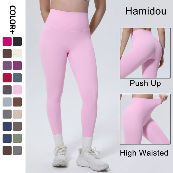 Pink high-waisted yoga leggings shown on a model, highlighting the fit and color options.