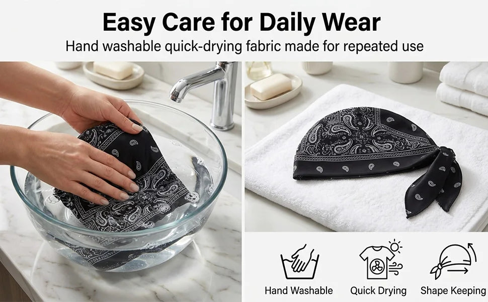 Foulard/bonnet en tissu lavable et séchant rapidement pour usage quotidien