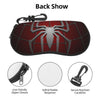 Back Show of a dark red spider web patterned pouch with a zipper closure and keychain carabiner.