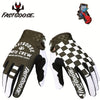 A pair of olive green and white cycling gloves with a black palm and touchscreen compatibility feature.