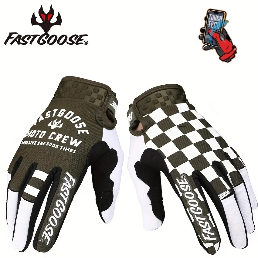 A pair of olive green and white cycling gloves with a black palm and touchscreen compatibility feature.