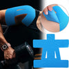 Hand applies blue kinesiology tape to an elbow for sports pain relief.