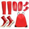 A set of red football training socks and shin guards, including individual pieces and a red storage bag.