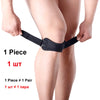Black adjustable patella tendon support brace worn on a person's knee.