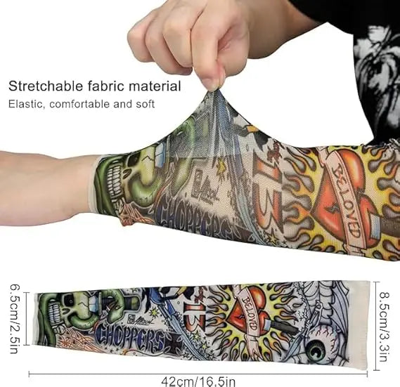 A hand is applying a stretchable fabric material, which is part of a UV protection full arm tattoo sleeve.