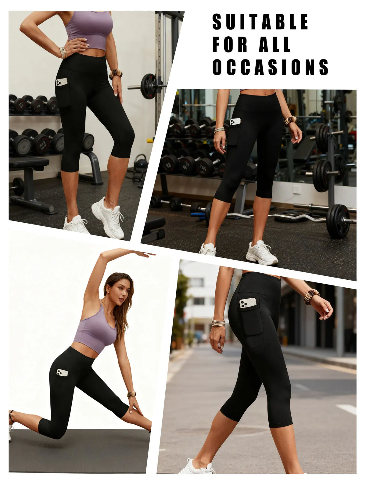 Eine Frau zeigt schwarze, hoch geschnittene Capri-Leggings mit Taschen in verschiedenen sportlichen und lässigen Umgebungen.