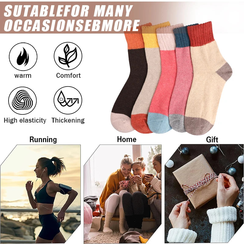 A set of thermal knit crew socks in various colors and textures shown alongside images of usage for running, home, and giftin