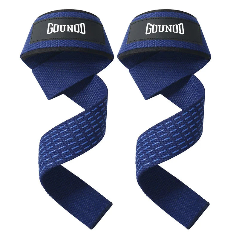 A pair of navy blue heavy-duty weightlifting wrist straps with black branding.