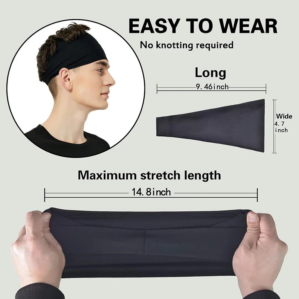 Schwarze Sport-Stirnband für Herren, feuchtigkeitsableitend, in verschiedenen Ansichten und Größen.