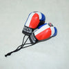 Mini PU-Leder-Boxhandschuh Schlüsselanhänger in Rot, Weiß und Blau mit Text der Dominikanischen Republik.