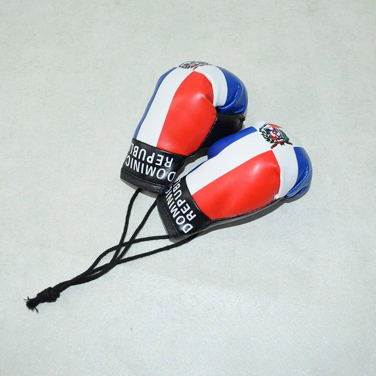 Mini PU-Leder-Boxhandschuh Schlüsselanhänger in Rot, Weiß und Blau mit Text der Dominikanischen Republik.