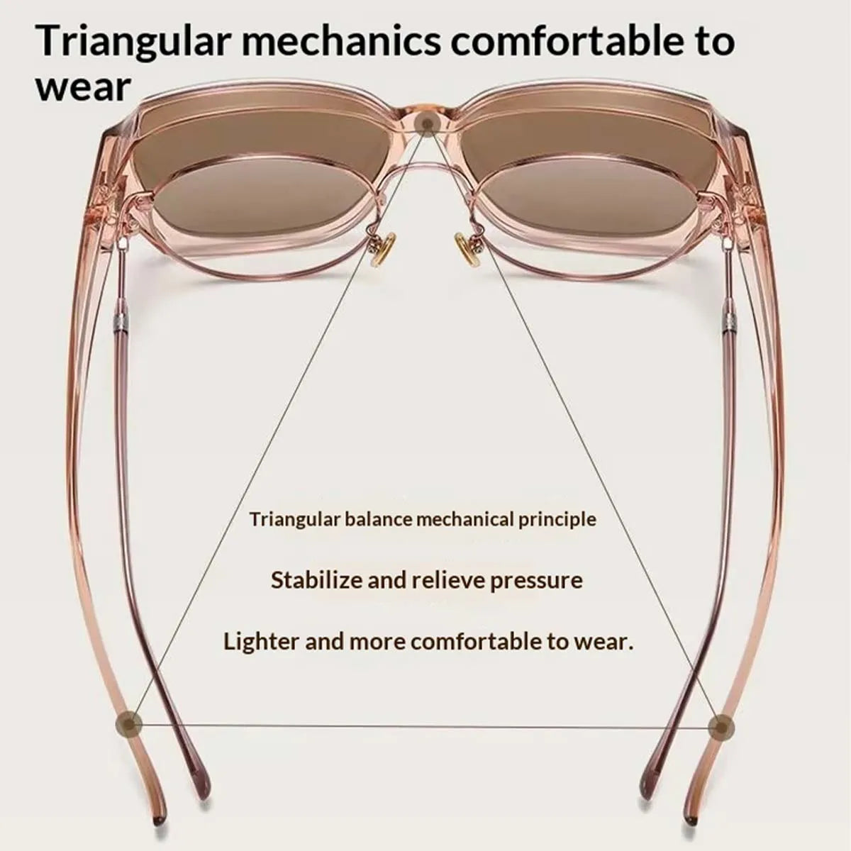 Pink triangular frame sunglasses designed for comfort and stability.