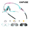 A pair of Kapvode photochromic cycling sunglasses shown in various states of light tinting.