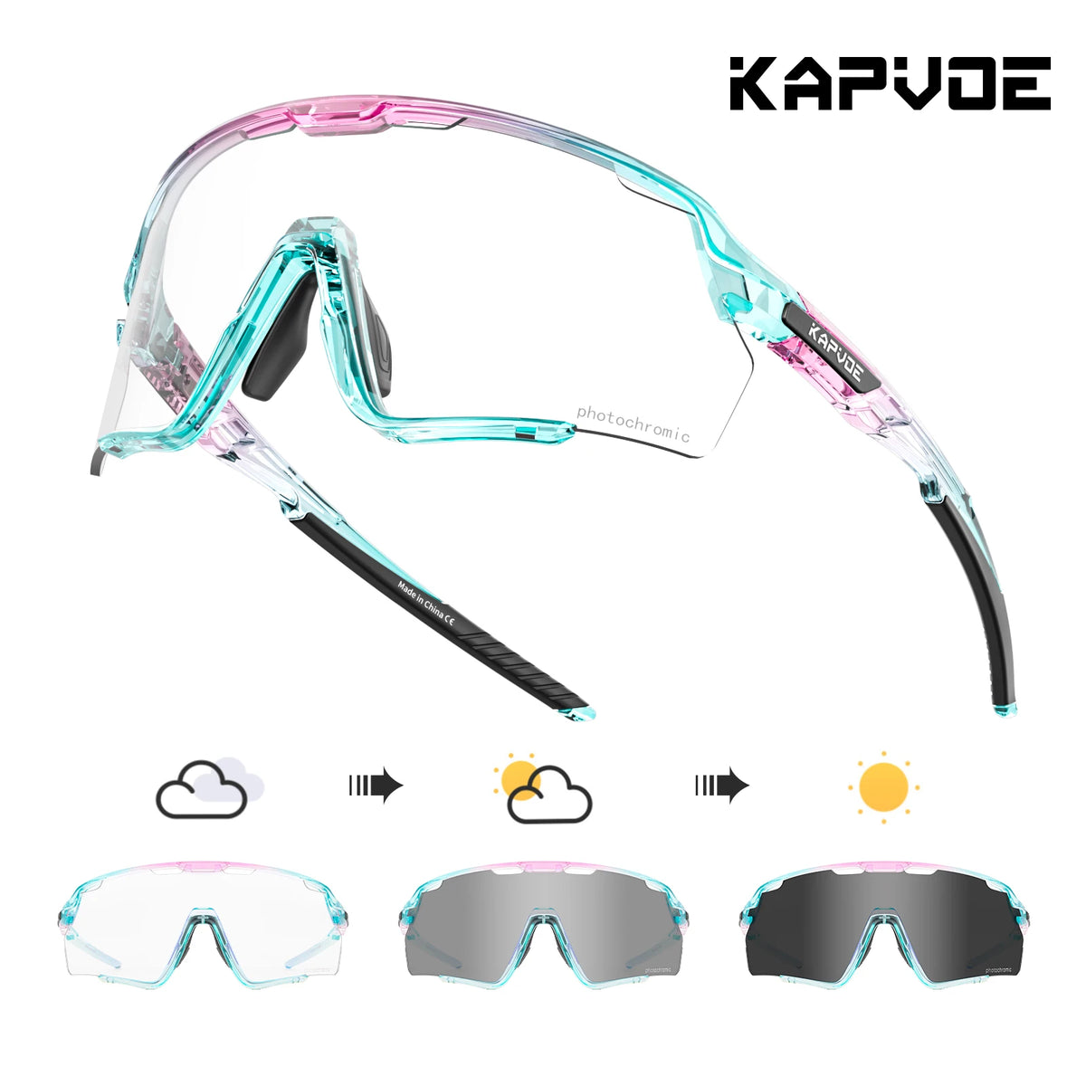 A pair of Kapvode photochromic cycling sunglasses shown in various states of light tinting.