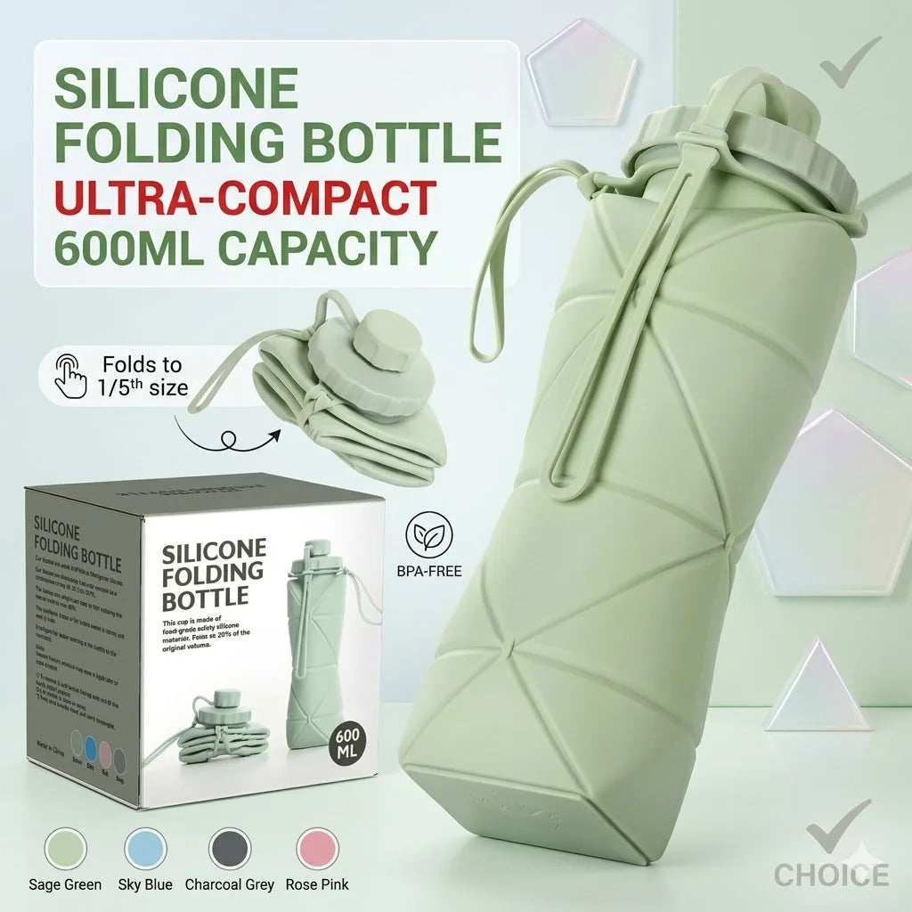 Una botella plegable de silicona verde claro se muestra junto a su forma plegada, demostrando su diseño ultracompacto.