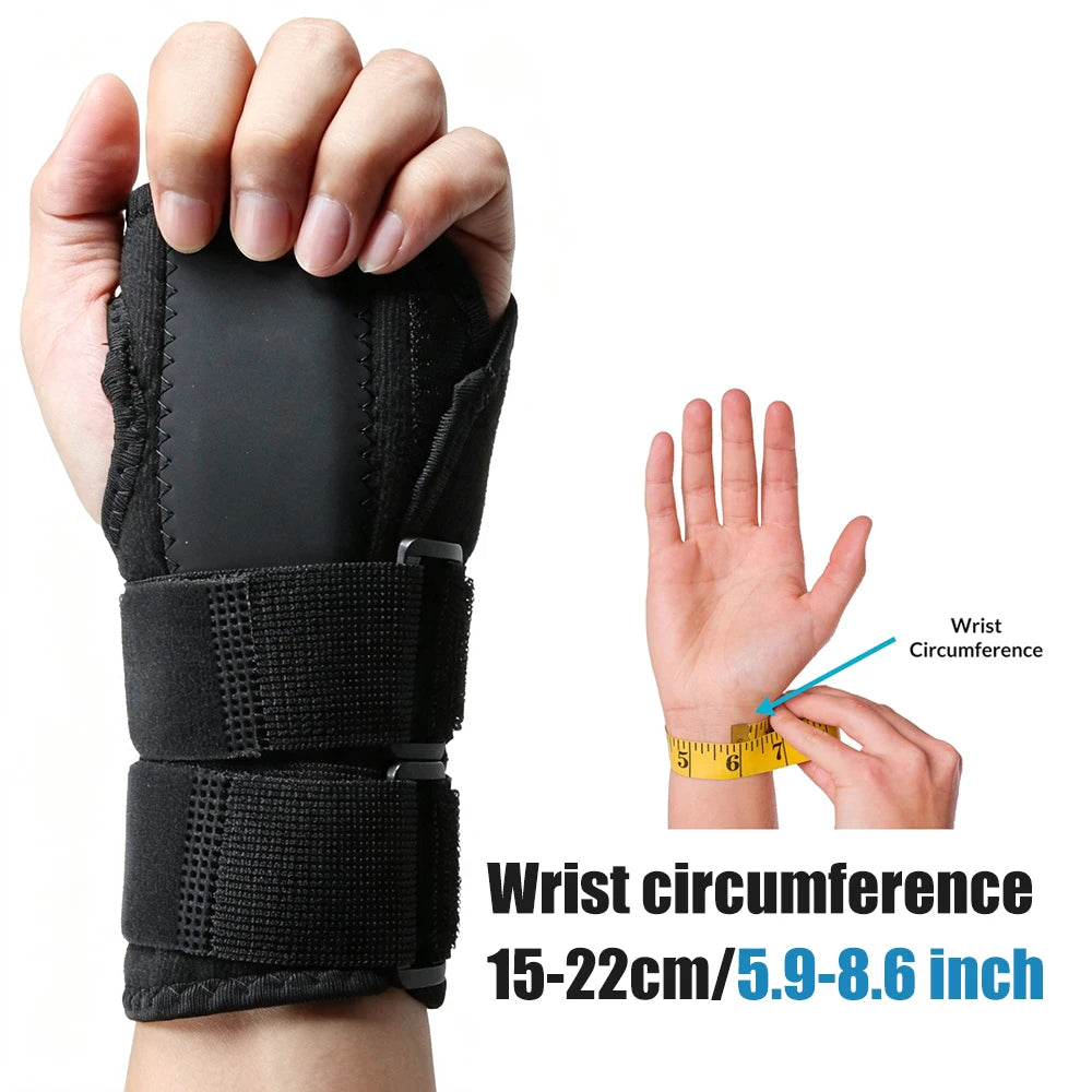 Black supportive wrist splint shown being held by a hand, demonstrating the wrist circumference measurement.